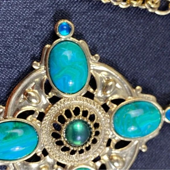 Vintage 1928 Chain Necklace Gold Tone Faux Pearl & Blue Green Cabochons 28" - Picture 4 of 12